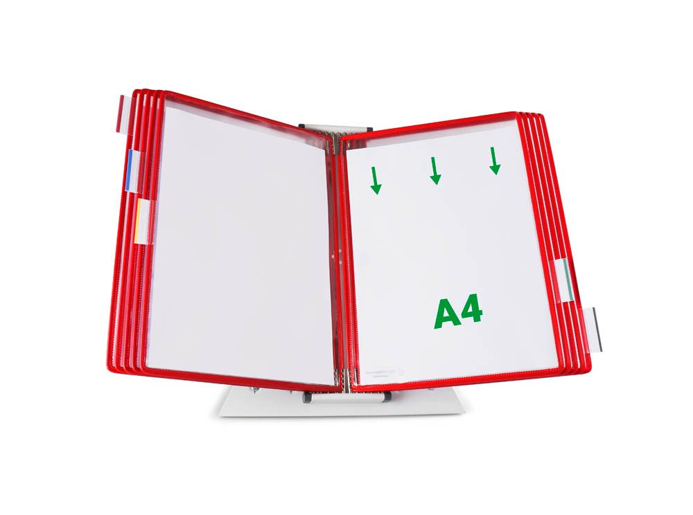 Höhenverstellbar und variabler Lesewinkel. Rundum drehbares Sichttafelsystem aus stabilem Tischständer mit 40 SHERPA® Sichttafeln A4